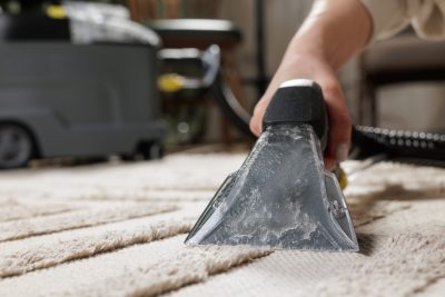 Close view of professional extractor gliding over light patterned carpet removing deep dirt and moisture